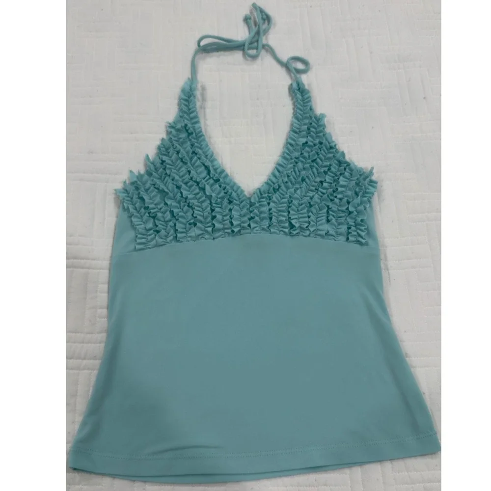 Vintage La Belle Turquoise Ruffle Halter Tankini Swim Top‎ Y2K Made in USA M